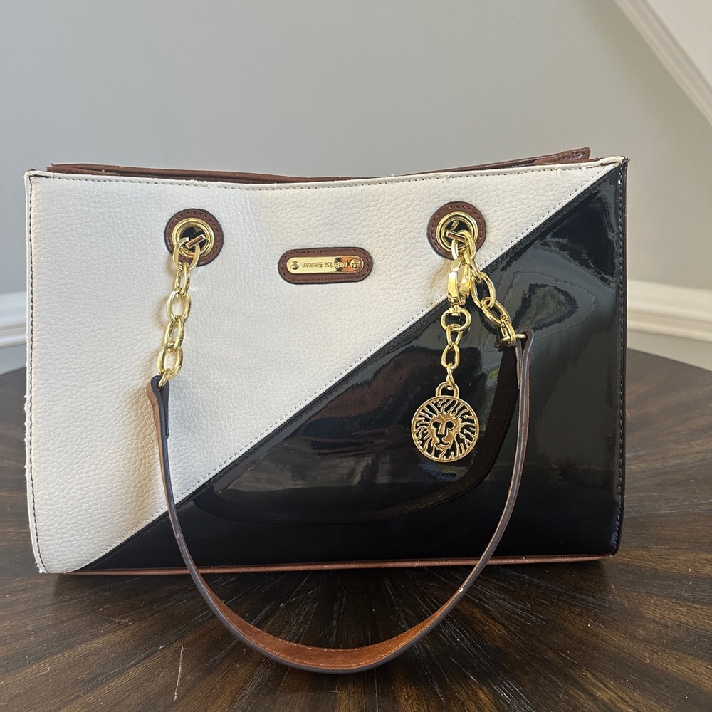 Anne Klein Black and White Shoulder Bag with Gold Accents